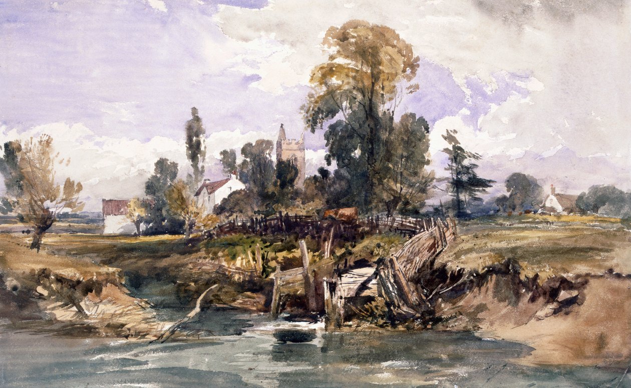Krajina s kostelem a domem od William James Muller