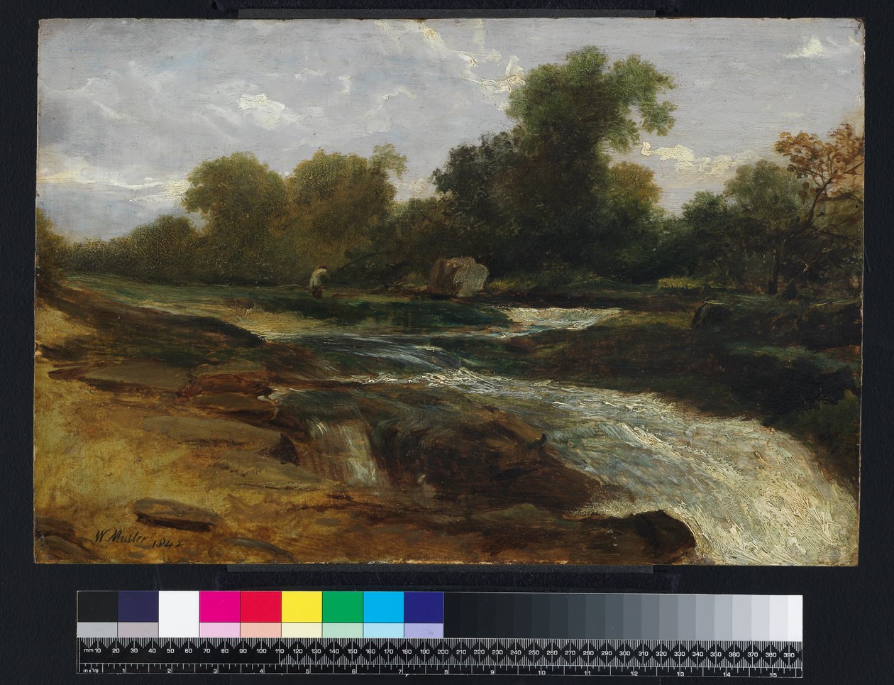 Říční krajina s rybářem, 1842 od William James Muller