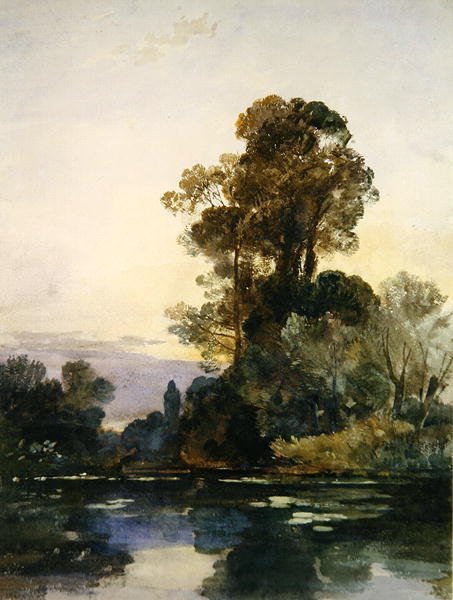 Vysoké stromy u jezera (akvarel a tělová barva na papíře) od William James Muller