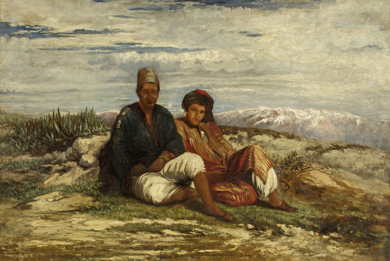 Dvě sedící arabské postavy (olej na plátně) od William James Muller