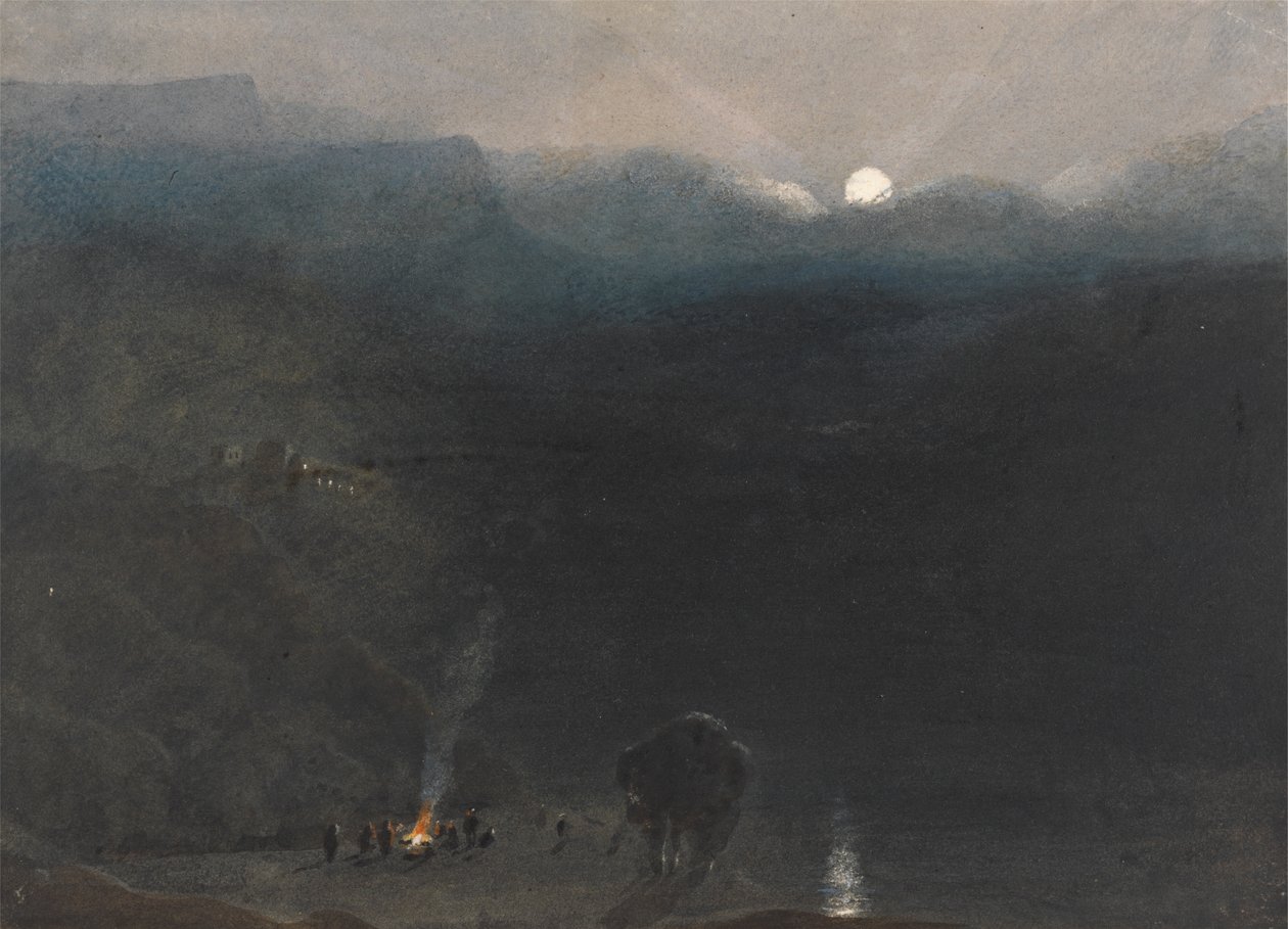Mauricius – Měsíční svit, s ohněm uhlířů v soutěsce Black River od William John Chamberlayne
