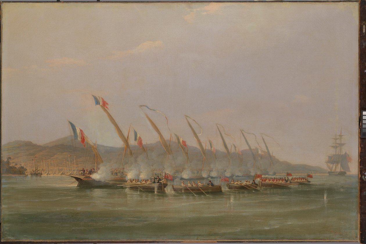 Kapitán Robert Maunsell při zajetí francouzských dělových člunů u Jávy, červenec 1811, asi 1811 (olej na plátně) od William John Huggins