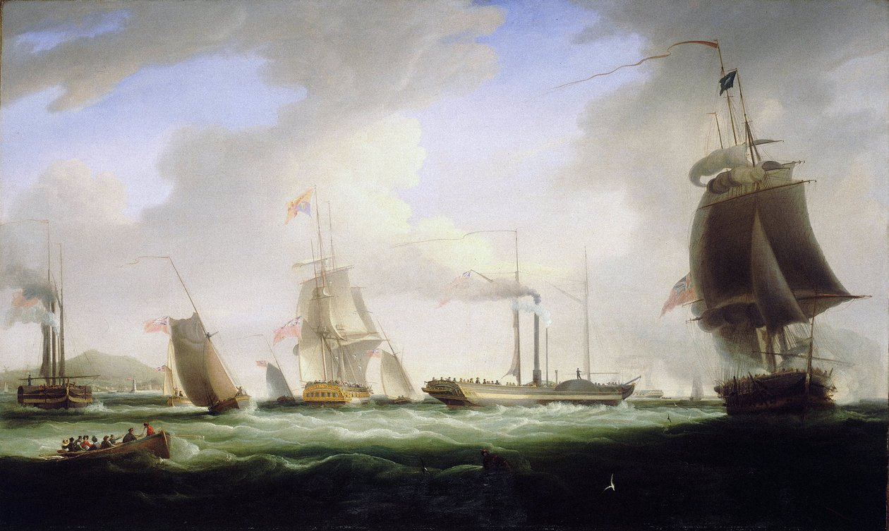 Anglický král Jiří IV. (1762-1830) nastoupil na palubu prvního poštovního parníku "Lightning", který směřoval do Dublinu (Irsko), 12. srpna. od William John Huggins