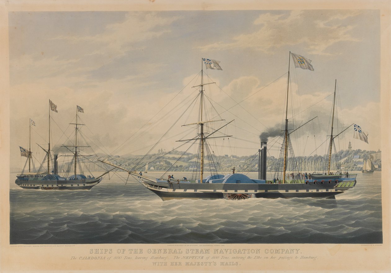 Lodě společnosti General Steam Navigation Company. 800tunová Caledonia vyplouvá z Hamburku - 800tunová Neptun vplouvá na Labi při plavbě do Hamburku s poštou Jejího Veličenstva. od William John Huggins