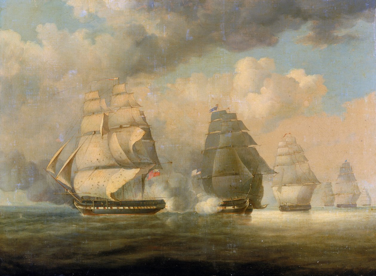 Útěk lodi HMS "Belvidera", 23. června 1812, u pobřeží New London, Connecticut, devět dní po vypuknutí anglo-americké války 1812 nebo druhé války za nezávislost (1812-1815). od William John Huggins