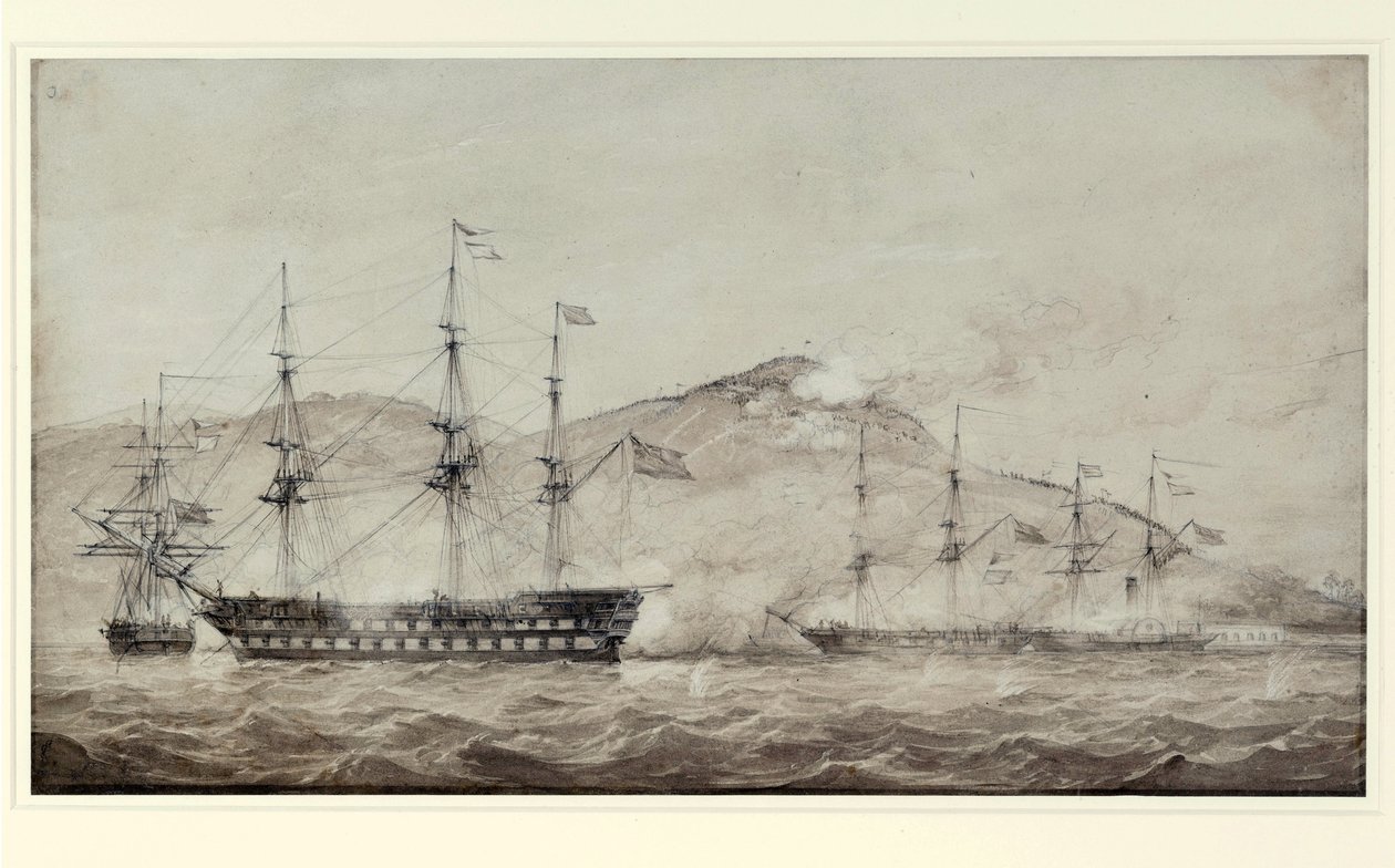 Lodě HMS "Wellesley", "Columbine" a "Grisel" u Amoy (Čína) v roce 1841. Lavis od William Joy