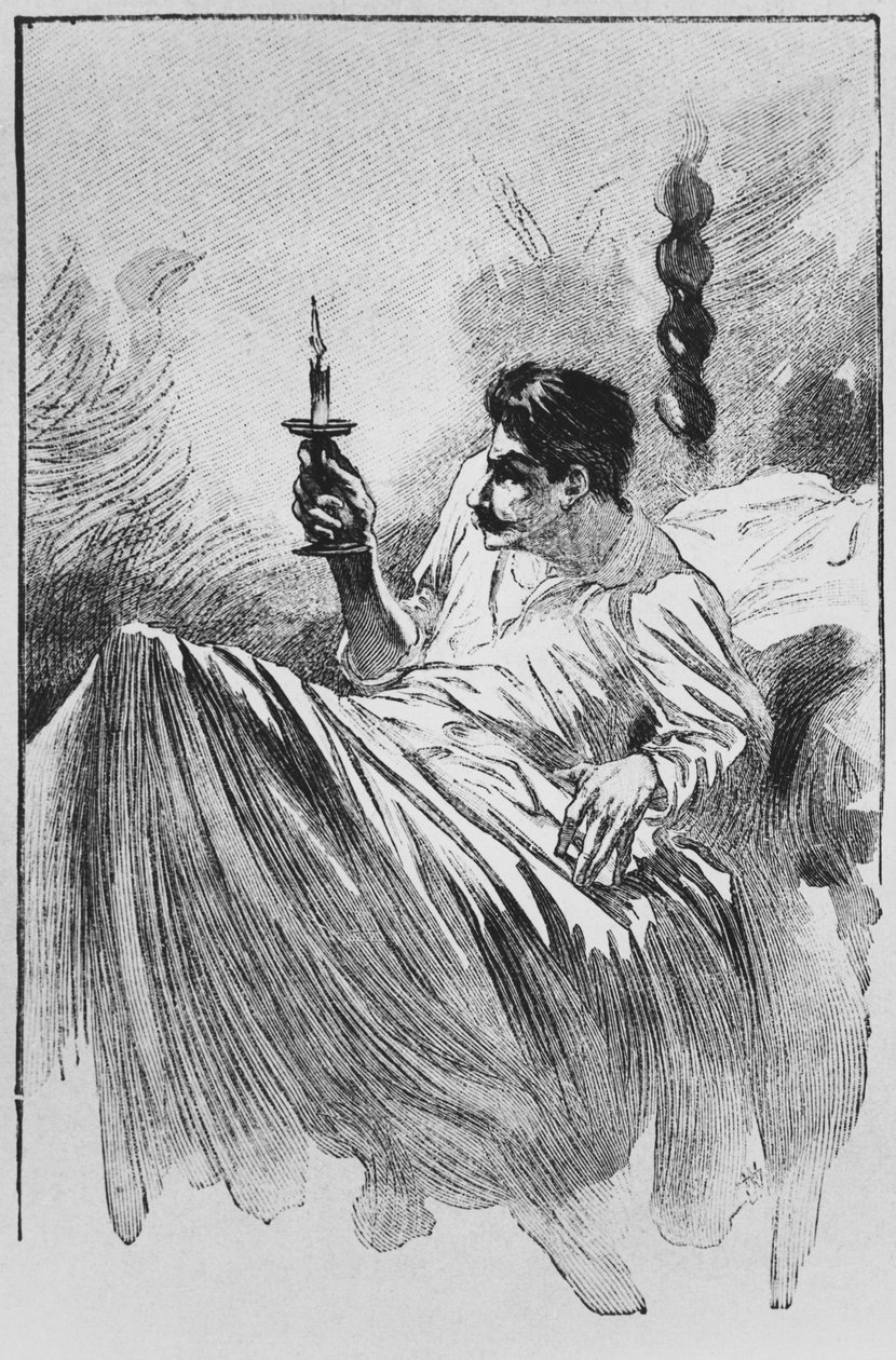 Vypravěč v posteli, ilustrace z „Le Horla“ od Guye de Maupassanta (1850-93) rytý Georges Lemoine, Paříž, Edice Albin Michel, kolem roku 1910 (dřevoryt) od William Julian Damazy