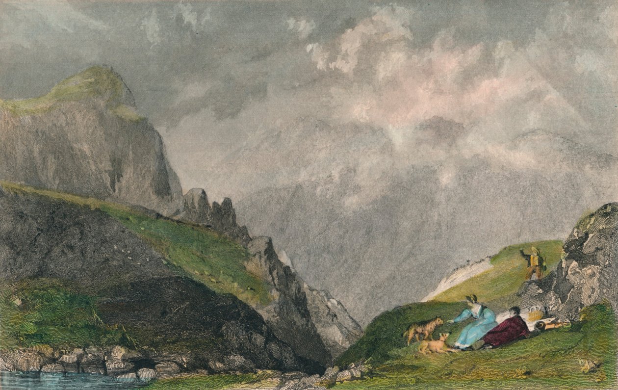 „Pohled z Langdale Pikes, Pohled směrem k Bowfell, Westmorland“, 1835 od William Kelsall