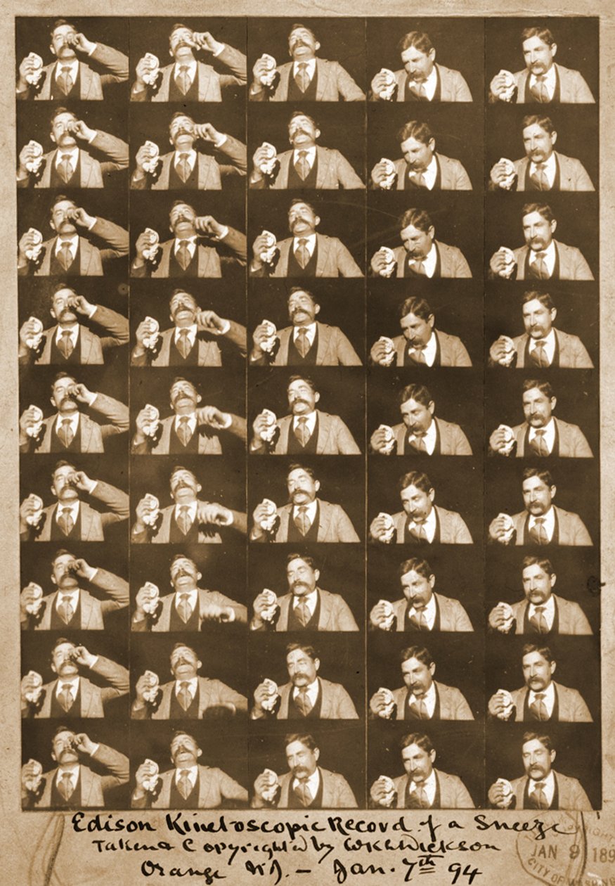 Edisonův kinetoskopický záznam kýchnutí c.1894 bw fotografie od William Kennedy Laurie Dickson