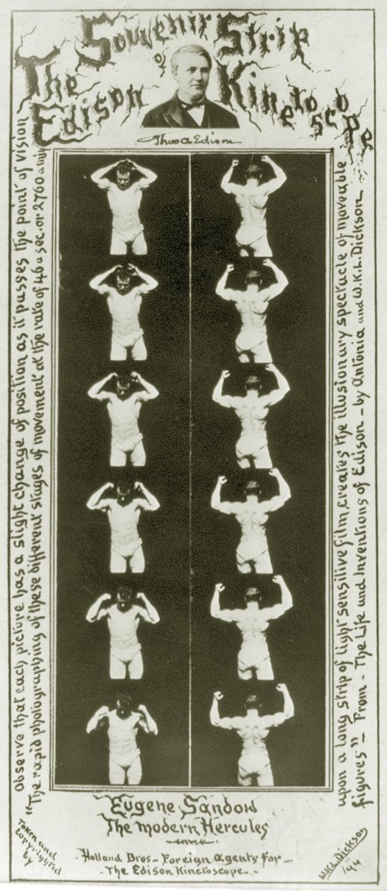 Upomínkový pás Edisonova kinetoskopu Eugene Sandow, moderní Hercules, c.1894 bw photo od William Kennedy Laurie Dickson