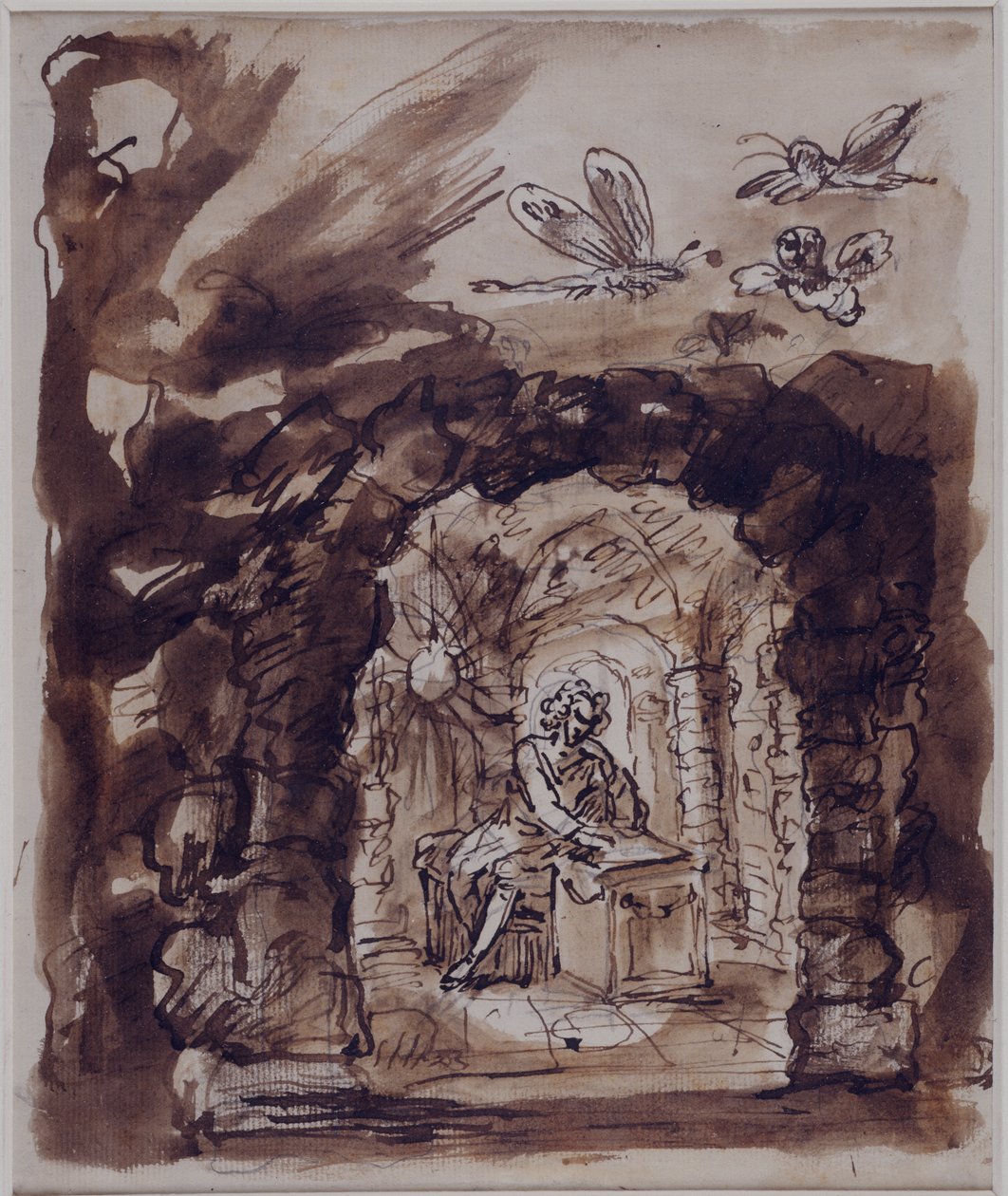 Alexander Pope ve své jeskyni, kolem roku 1730 (pero a inkoust s hnědou tužkou na papíře) od William Kent