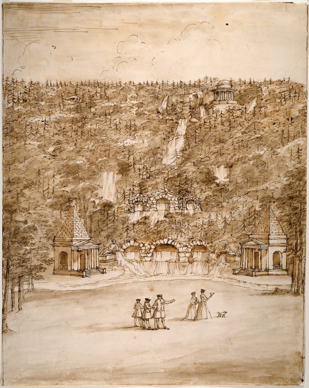 Chatsworth: design pro kaskádu, počátek 40. let 18. století (pero a hnědý inkoust s hnědou tužkou na papíře) od William Kent
