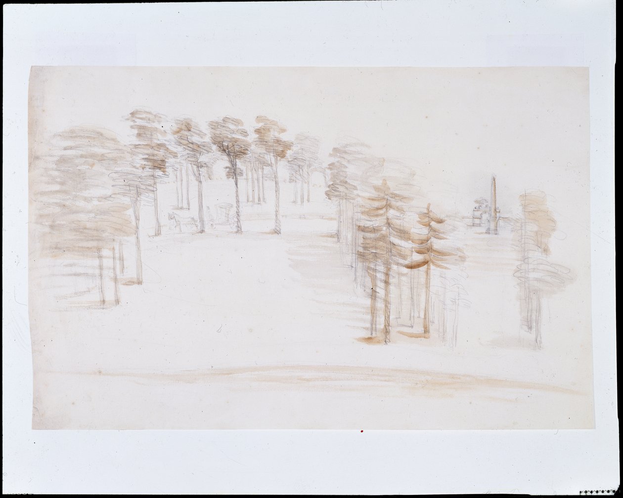 Chiswick, pohled z vyvýšeného místa nad Orange Tree Garden Temple (tužka a mytí na papíře) od William Kent