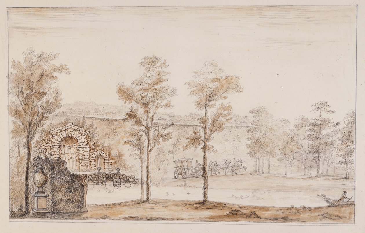 Chiswick, design pro rustikální kaskádu a most na terase (pero a inkoust a pero tužkou na papíře) od William Kent