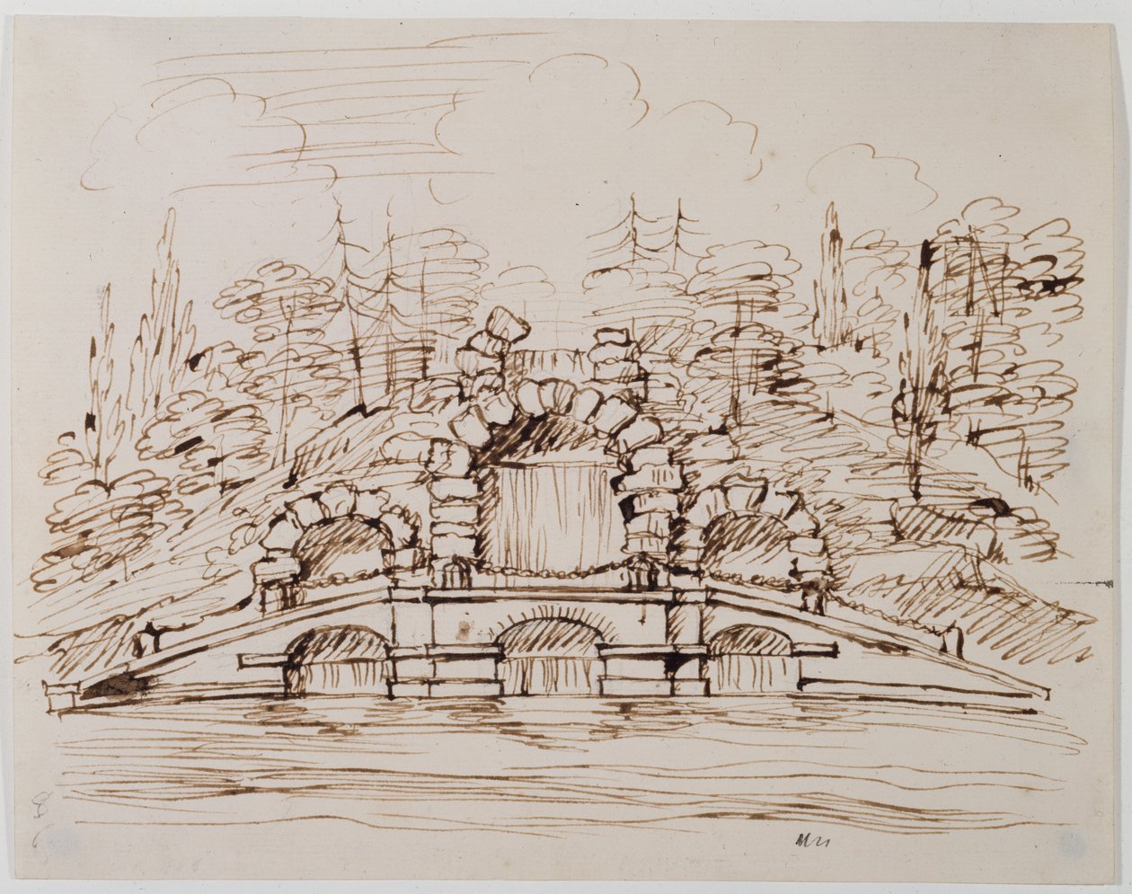 Chiswick, design pro kaskádu tak, jak byla postavena (pero a inkoust přes tužku na papíře) od William Kent