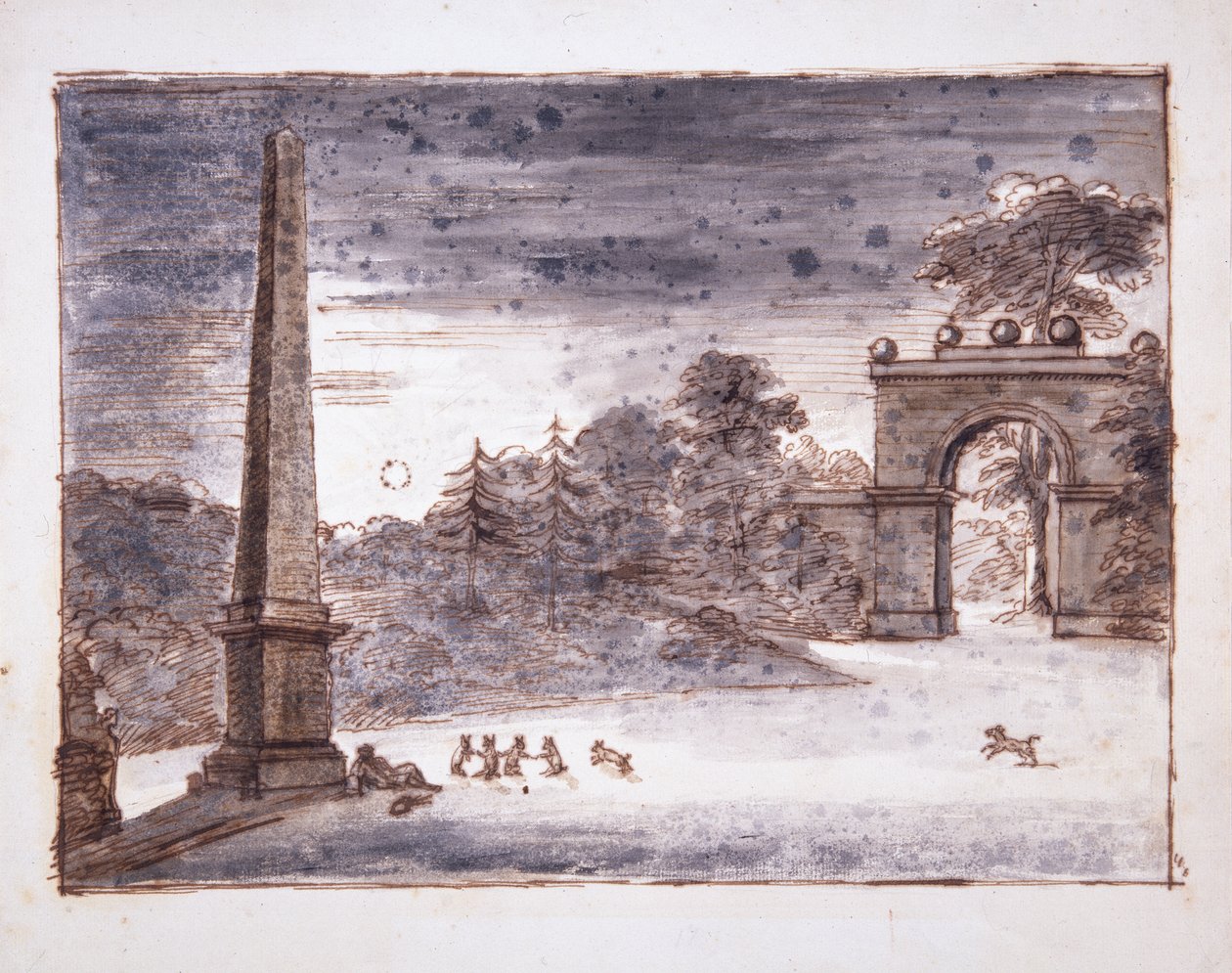 Chiswick, Brána Burlington Lane a Obelisk v měsíčním světle s Kentem sedícím u obelisku a sněním as králíky ve hře, kolem 1732 (pero, inkoust a mytí na papíře) od William Kent