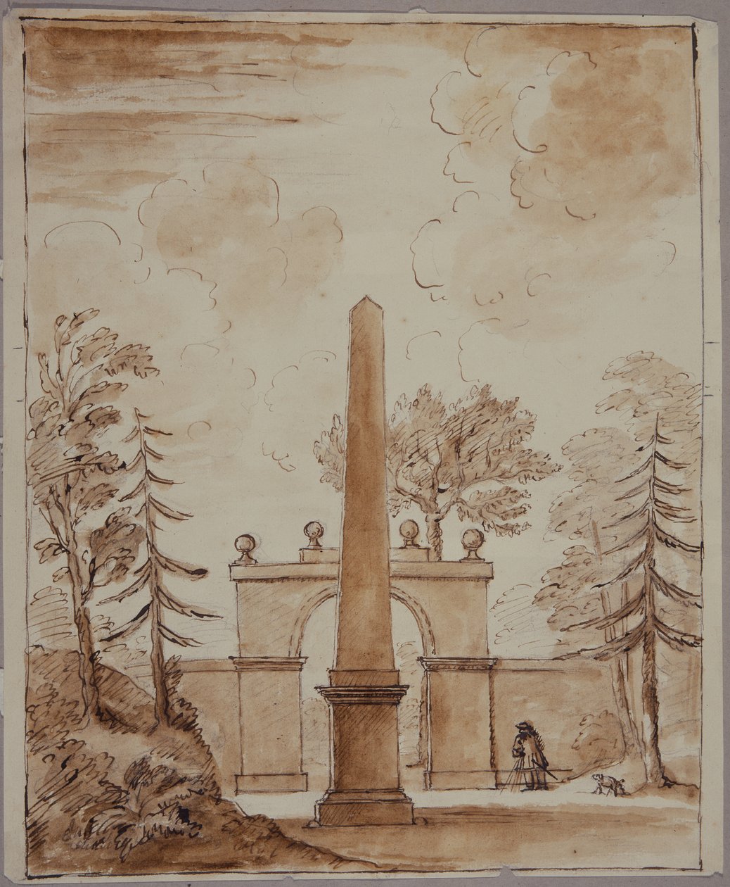 Chiswick, pohled na Burlington Lane Gate, Obelisk v popředí a Kent se psem (pero, inkoust a mytí na papíře) od William Kent