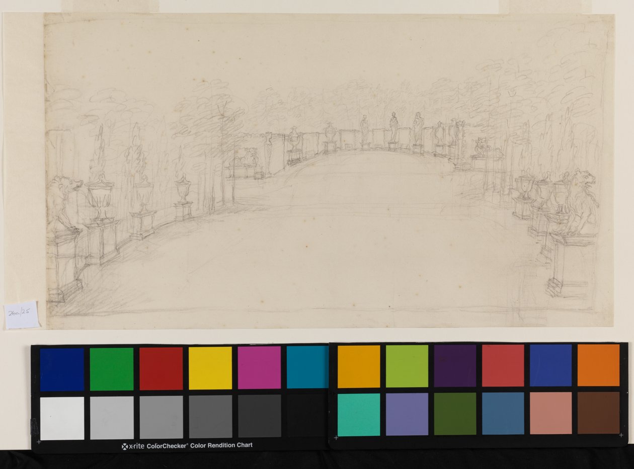 Chiswick, pohled na Exedru ukazující umístění sochy (tužka na papíře) od William Kent