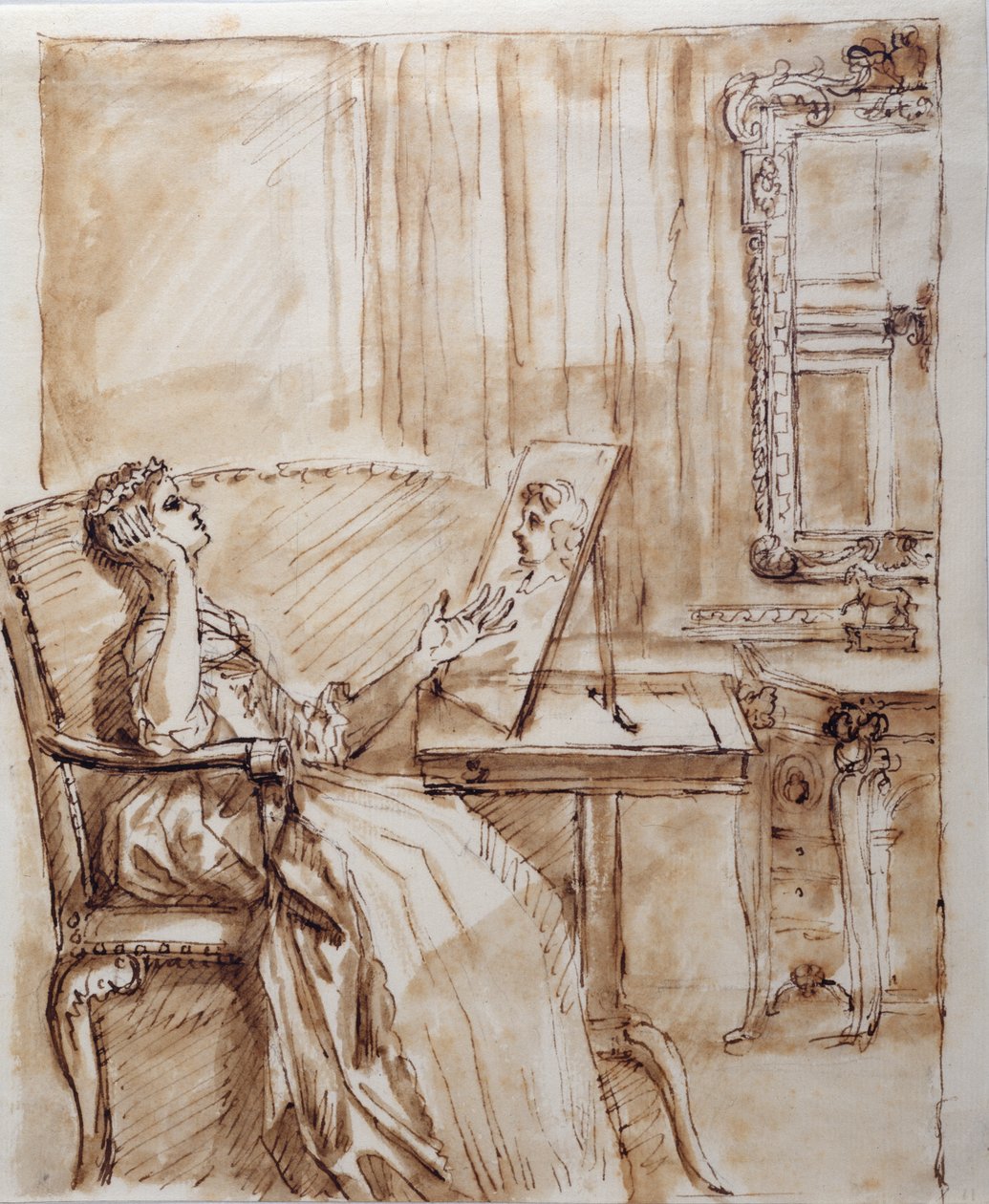 Lady Burlingtonová sedící ve svém zahradním pokoji a obdivující kresbu starého mistra (?) (pero a inkoust na papíře) od William Kent
