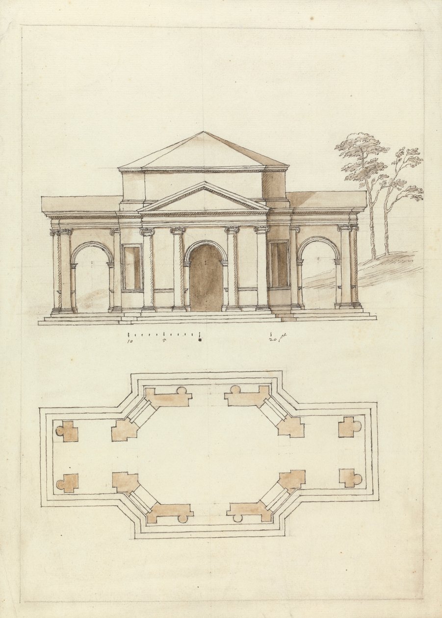 Townsendova budova v Rousham, Oxfordshire: Výška a plán od William Kent