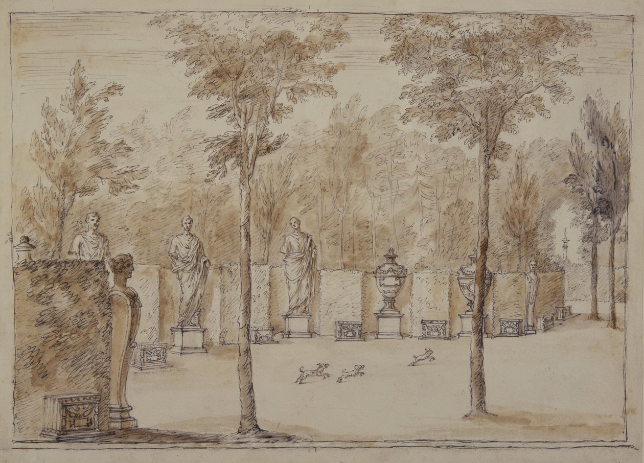 Pohled do Exedry v Chiswick (pero a inkoust s hnědým praním na papíře) od William Kent