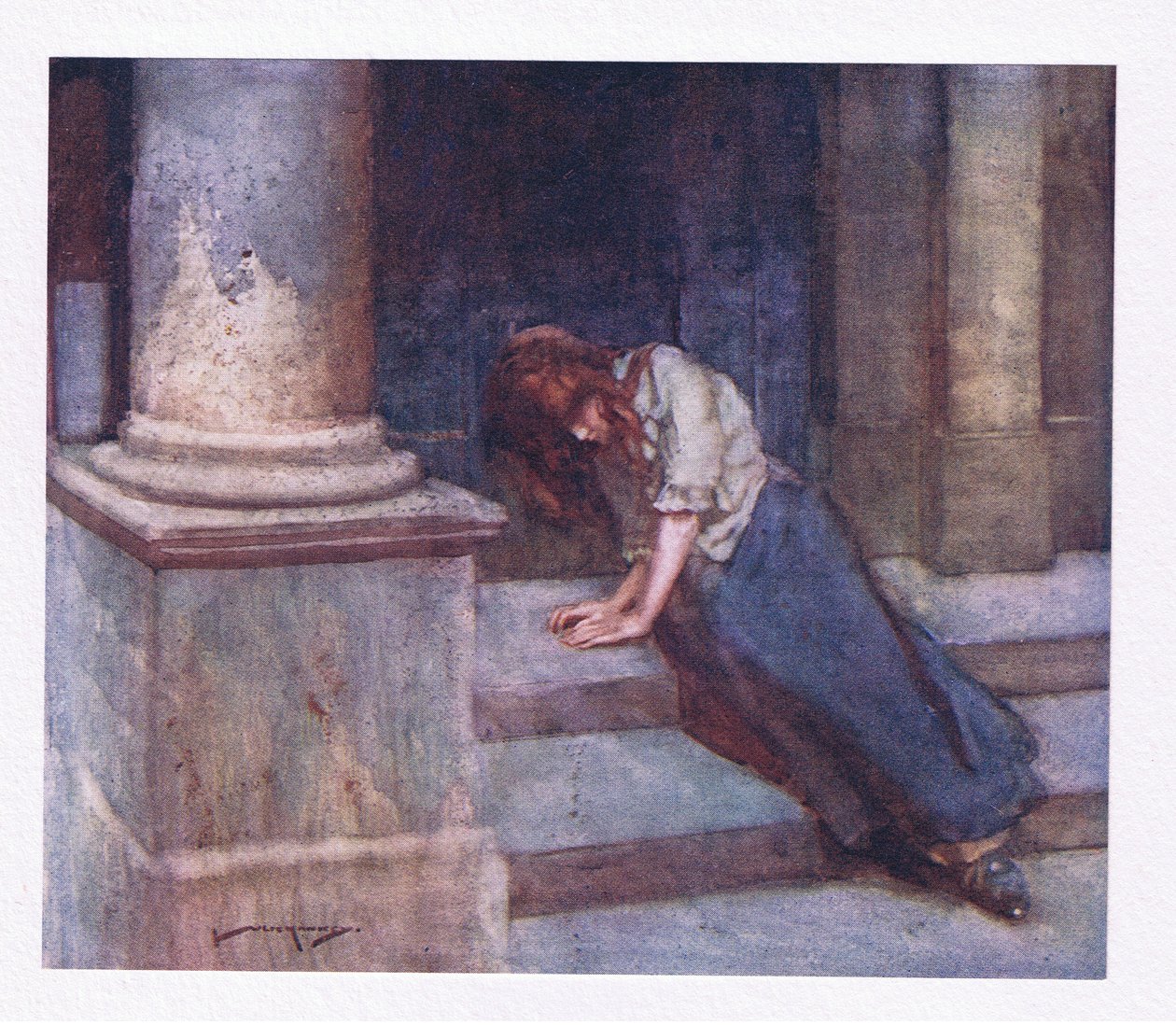 A svírán zimou a schoulený ze sprchy, s těžkým srdcem lituje té nešťastné hodiny (barva litho) od William Lee Hankey