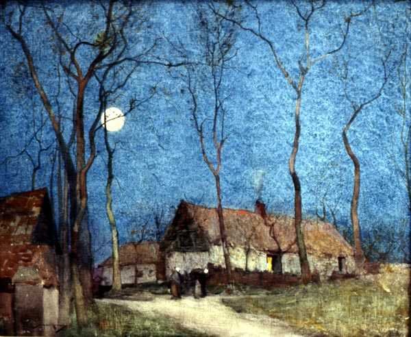 Figury ve vesnici Moonlit (Watercolor on Lonen) od William Lee Hankey