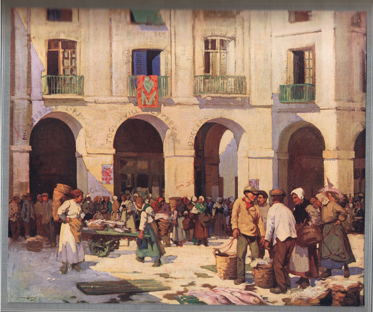 Rybí trh v Dieppe, z „Allies in Art“ vydané kolem roku 1925 (barevné lito) od William Lee Hankey
