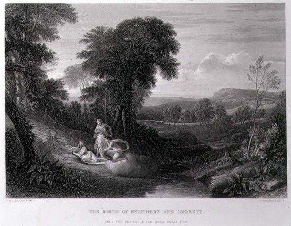 Narození Belphoebe a Amorett, vyryto Johnem Cousenem (1804-80) (rytina) od William Leighton (after) Leitch