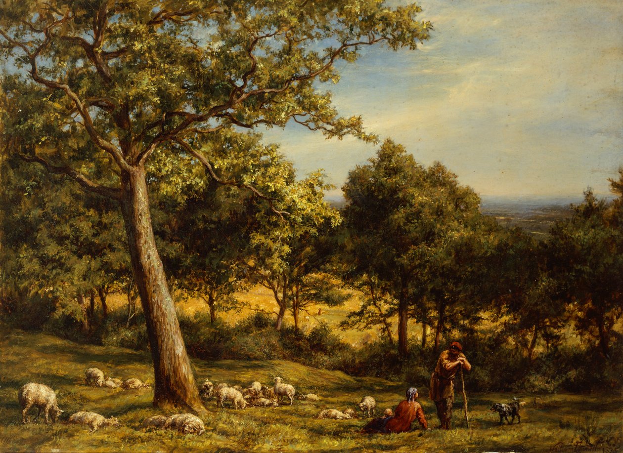 Pastýř a jeho stádo v zalesněné krajině zalité sluncem od William Linnell