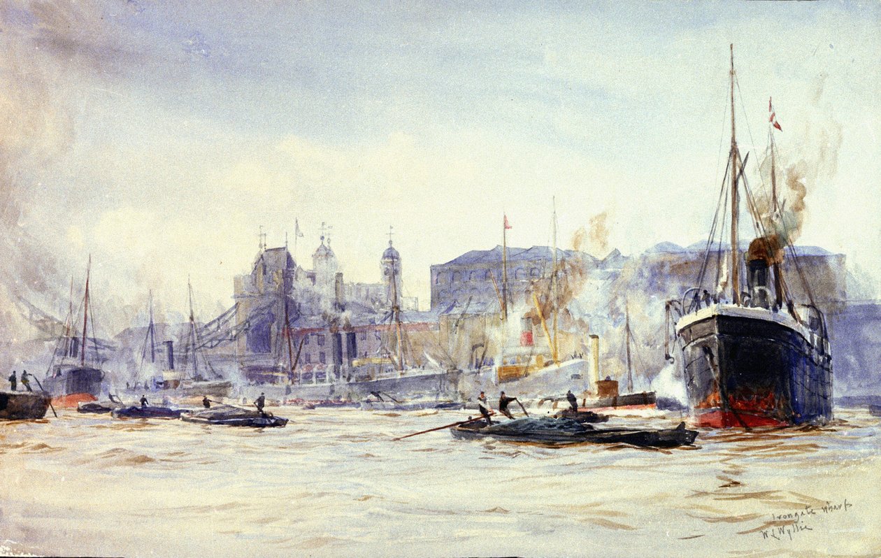Aktivní scéna na nábřeží Irongate na Temži (Anglie), v dálce Tower Bridge od William Lionel Wyllie
