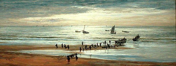 Plážová scéna na severním pobřeží Francie (olej na plátně) od William Lionel Wyllie
