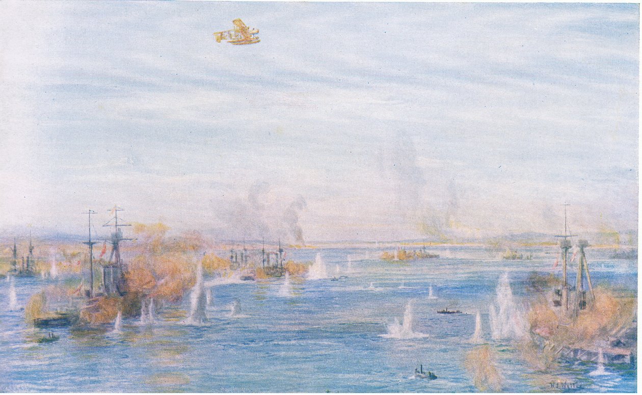 Bombarding the Narrows, 18. března 1915, z Cassells History of the British People vydané společností Waverley Book Company Limited, kolem roku 1940 od William Lionel Wyllie