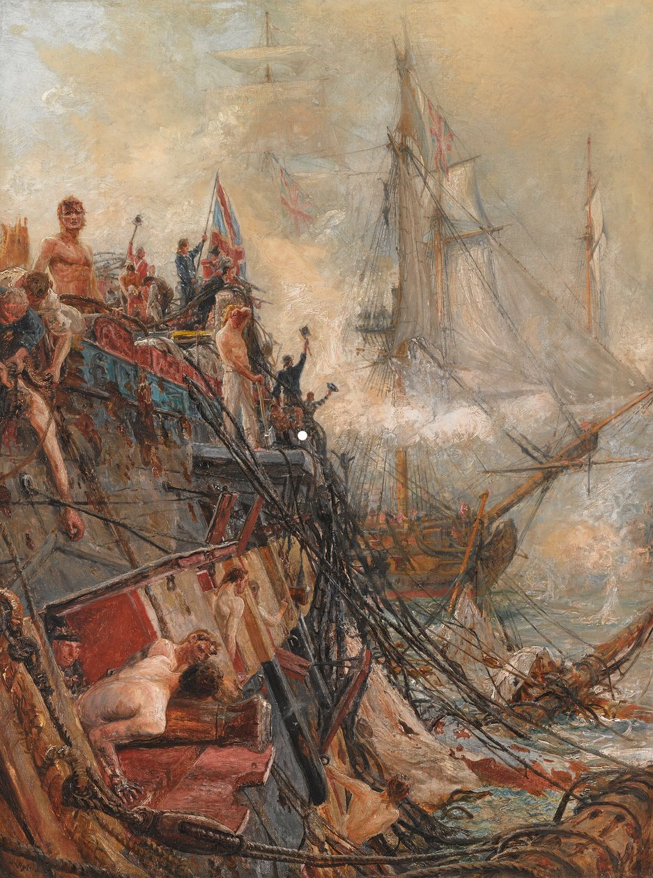 "Zmrzačený, ale nepokořený": H.M.S. „Belleisle“ v Trafalgaru, 21. října 1805 (olej na plátně) od William Lionel Wyllie