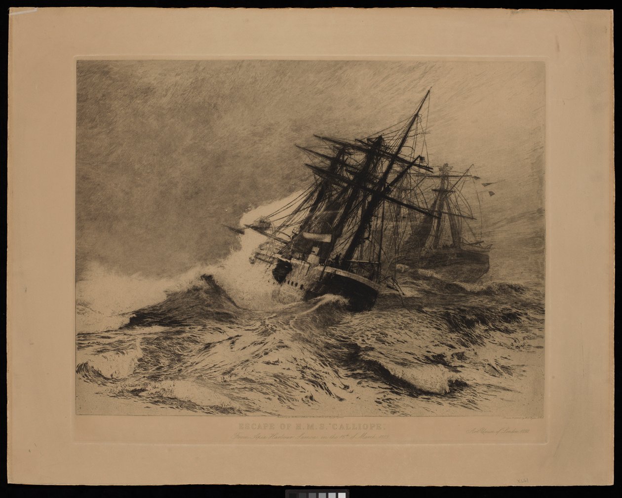 Útěk lodi H.M.S. Calliope z přístavu Apia Samoa 16. března 1889 (lept) od William Lionel Wyllie