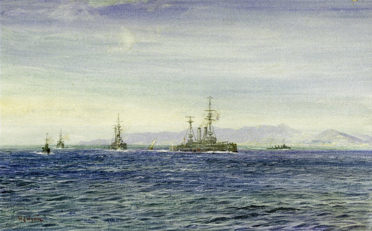 HMS "Albemarle", v zálivu Moray (Skotsko), trojúhelníkový vstup do Severního moře, tato válečná loď sloužila během první světové války jako hlídkový člun pro loďstvo v Lamanšském průlivu, poté sloužila jako ledoborec na pomoc lodi Archangel v roce 1916. od William Lionel Wyllie
