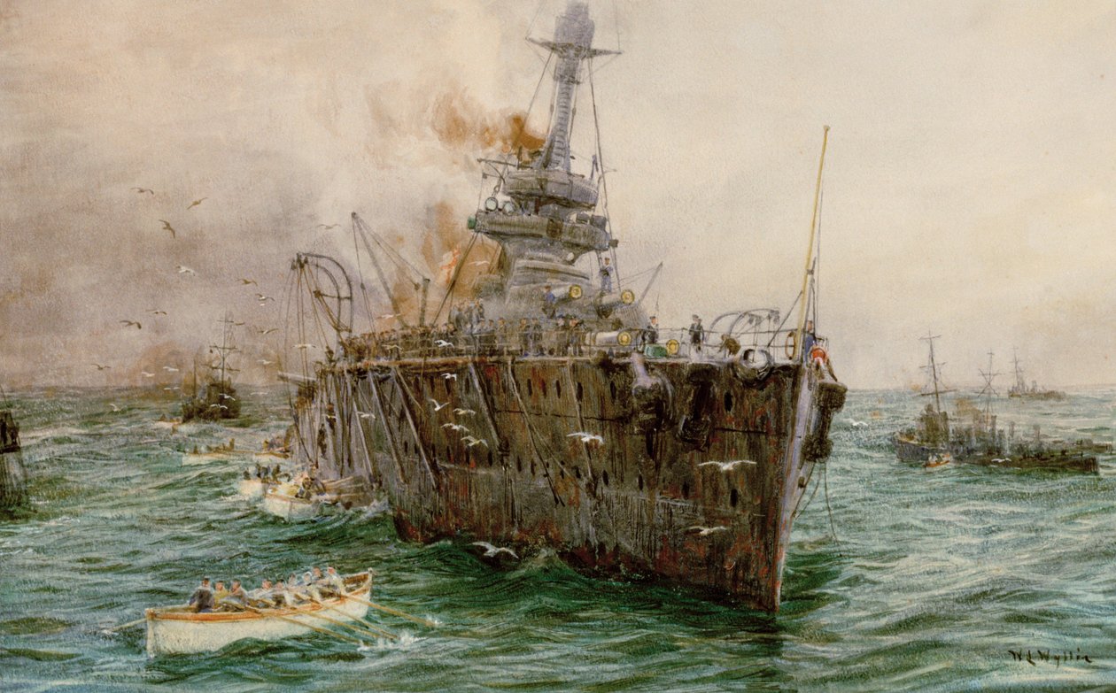 HMS "Audacious" se potápí u jezera Loch Swilly po nárazu na minu, 27. října 1914, počátek 20. století (akvarel) od William Lionel Wyllie