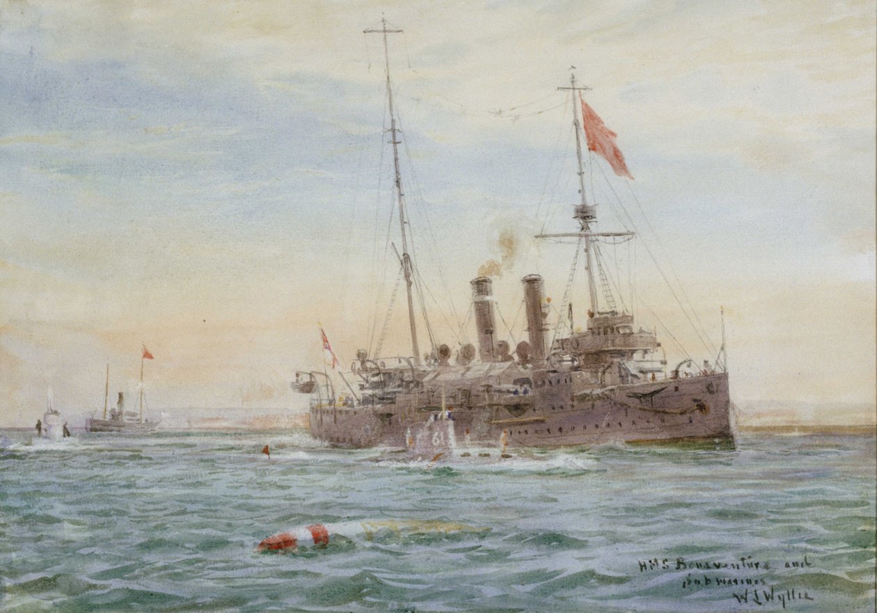 "HMS Bonaventure a ponorky" RMG PW2083 od William Lionel Wyllie