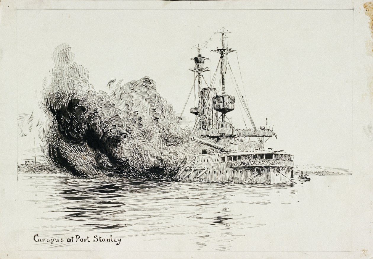 HMS "Canopus" v Port Stanley při vypálení úvodních salv bitvy o Falklandy, 8. prosince 1914 (perem a tuší, černá barva, na kartě) od William Lionel Wyllie
