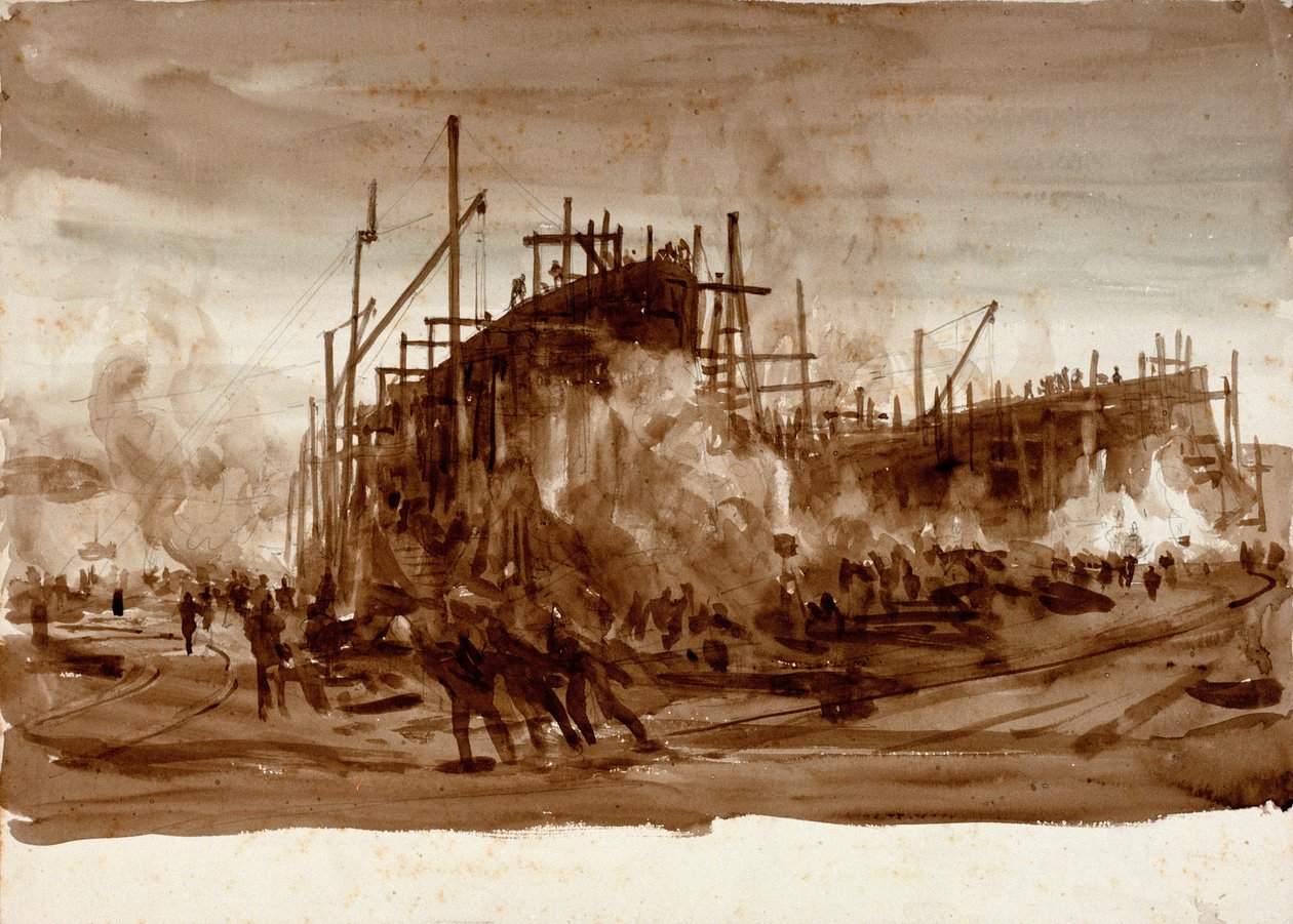 Železné lodě na skládce, asi 1910 (hnědá barva) od William Lionel Wyllie