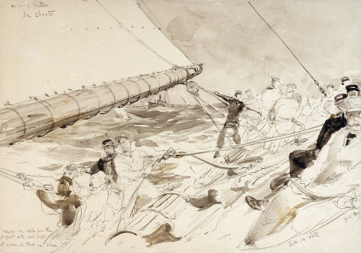 Na palubě německé císařské jachty "Meteor" (1902), jména členů posádky včetně německého císaře Viléma II. (1859-1941) vpravo. od William Lionel Wyllie