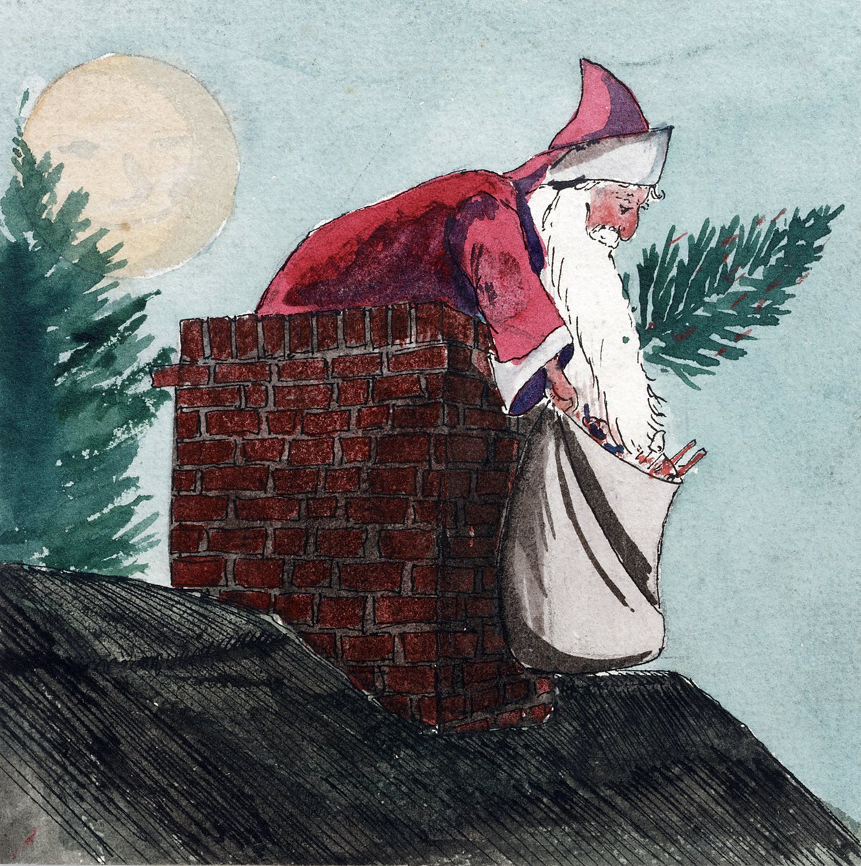 Santa Claus, který se spouští komínem a táhne pytel plný hraček a vánoční stromeček. Akvarel, počátek 20. století, autor William Lionel Wyllie (1851-1931). od William Lionel Wyllie