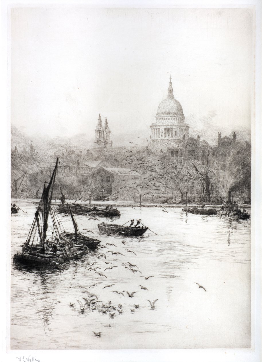 Lodní doprava a rackové pod St Pauls (akvarel) od William Lionel Wyllie