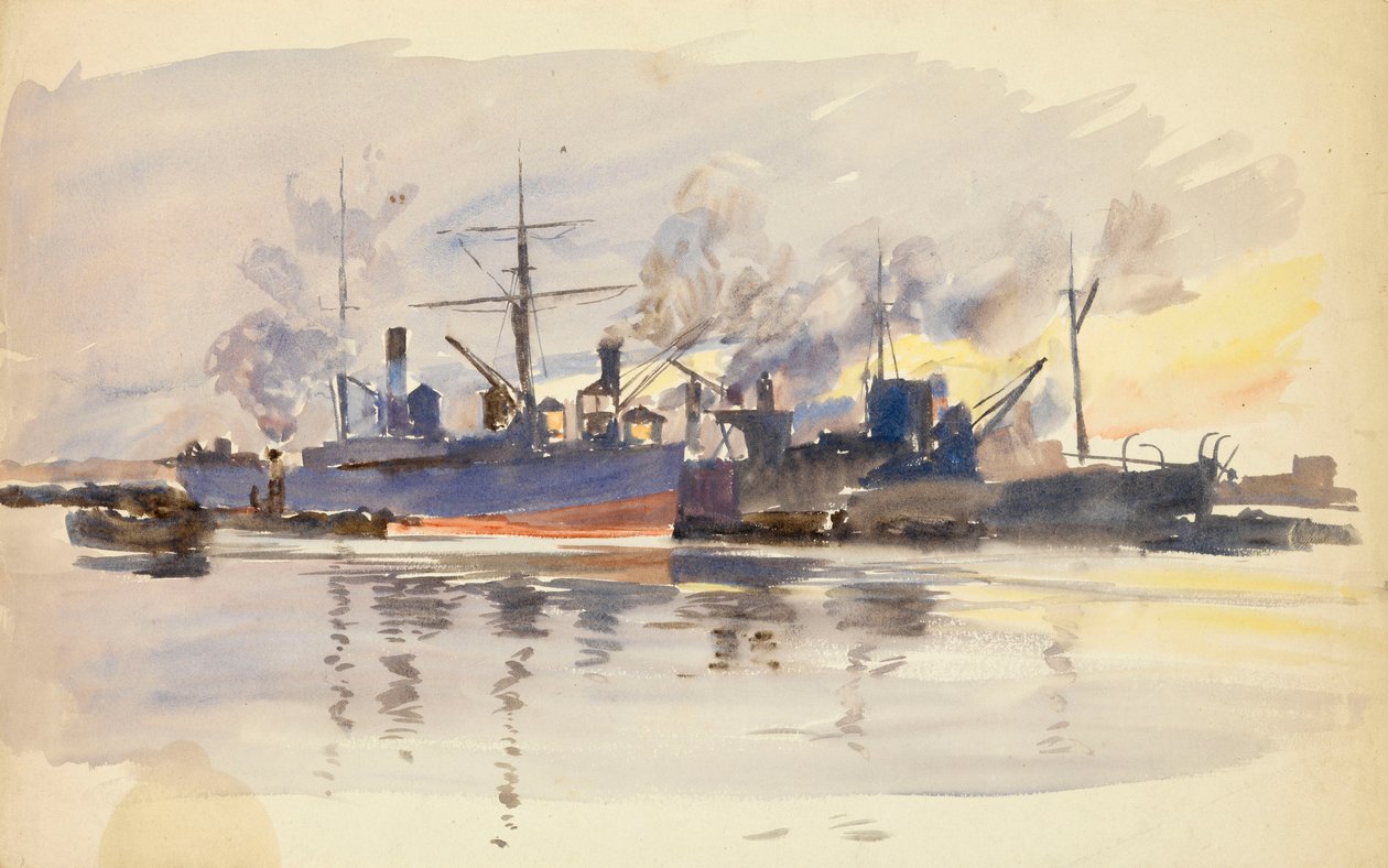 Skica obchodních lodí v přístavu, konec 19. až začátek 20. století (akvarel) od William Lionel Wyllie