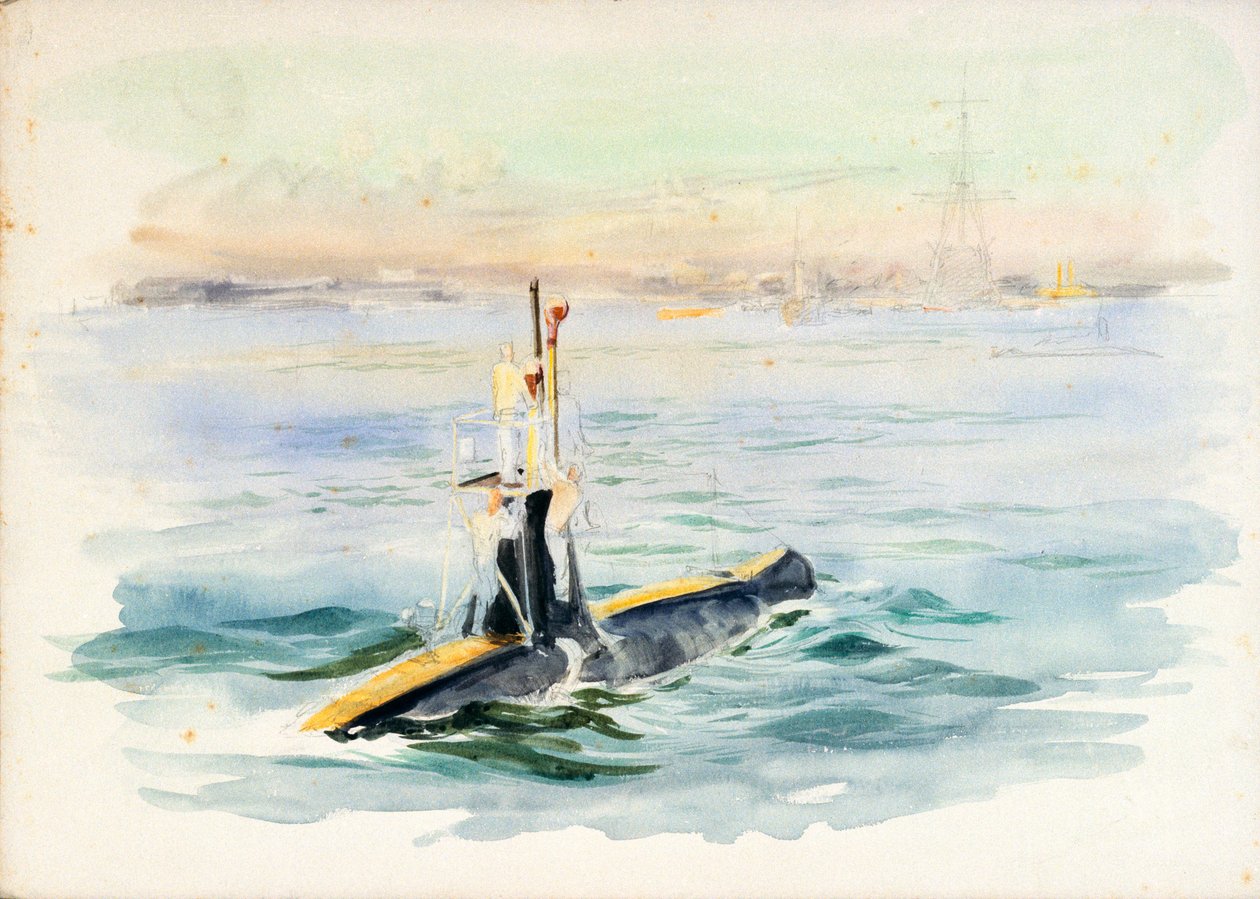 Studie ponorky třídy A na cestě, pravděpodobně v přístavu Portsmouth, počátek 20. století (akvarel, grafit) od William Lionel Wyllie
