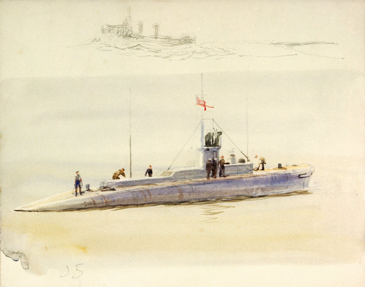 Ponorka J.5 a hrubý náčrt jiného bojového plavidla, počátek 20. století (akvarel, grafit) od William Lionel Wyllie
