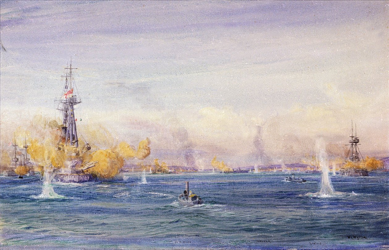 Bitva u Dardanel (1915) (Turecko) během tažení na Gallipoli v Marmarském moři. Akvarel, kolem roku 1915, autor: William Lionel Wyllie (1851-1931). od William Lionel Wyllie