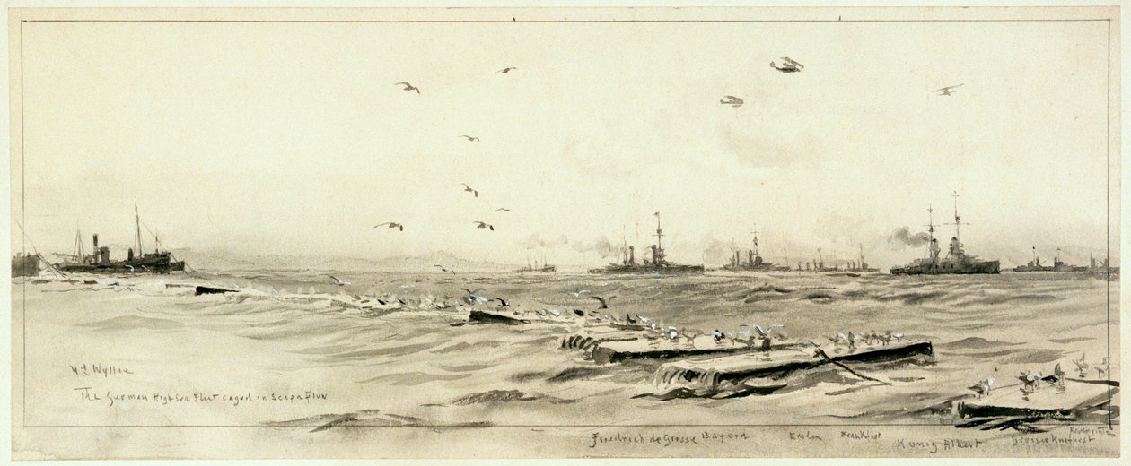Německá flotila na volném moři v kleci ve Scapě, cca 1918 (praní, šedá, zesíleno bílou) od William Lionel Wyllie