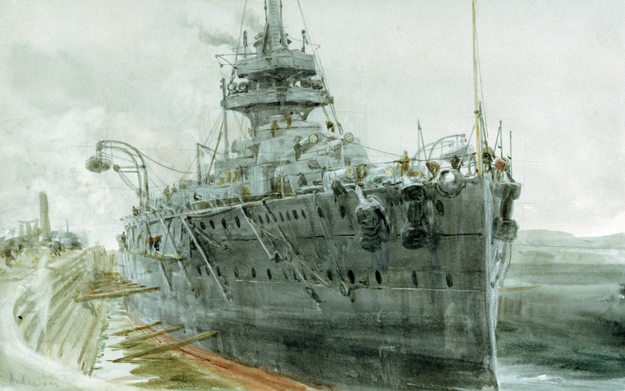 Loď HMS "Audacious", postavená v letech 1911-1913. Akvarel od William Lionel Wyllie