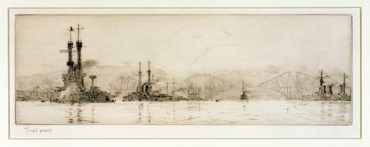 Americké bitevní lodě "New York" a "Texas" u Rosythu, asi 1918 (lept, tupovaný grafitem) od William Lionel Wyllie